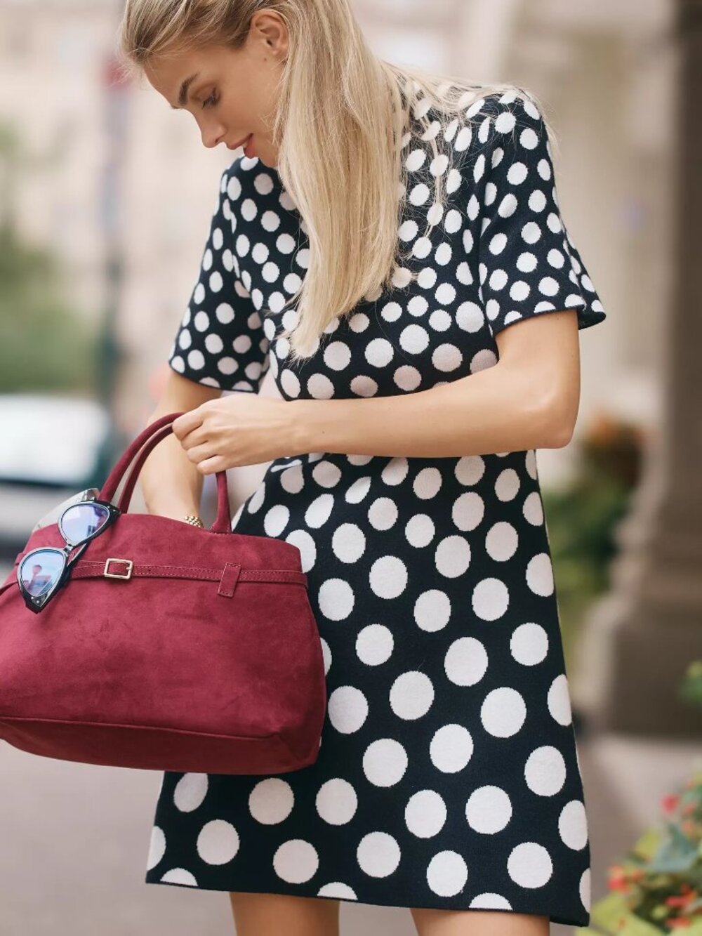 Anthropologie Nina Short-Sleeve Mock-Neck Mod Sweater Mini Dress, Polka Dot, L
